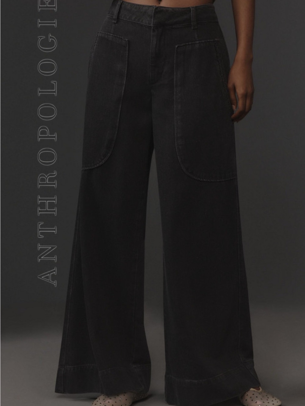Anthropologie Black Wide-Leg‎ Flare Jeans with Front Patch Pockets Size 0